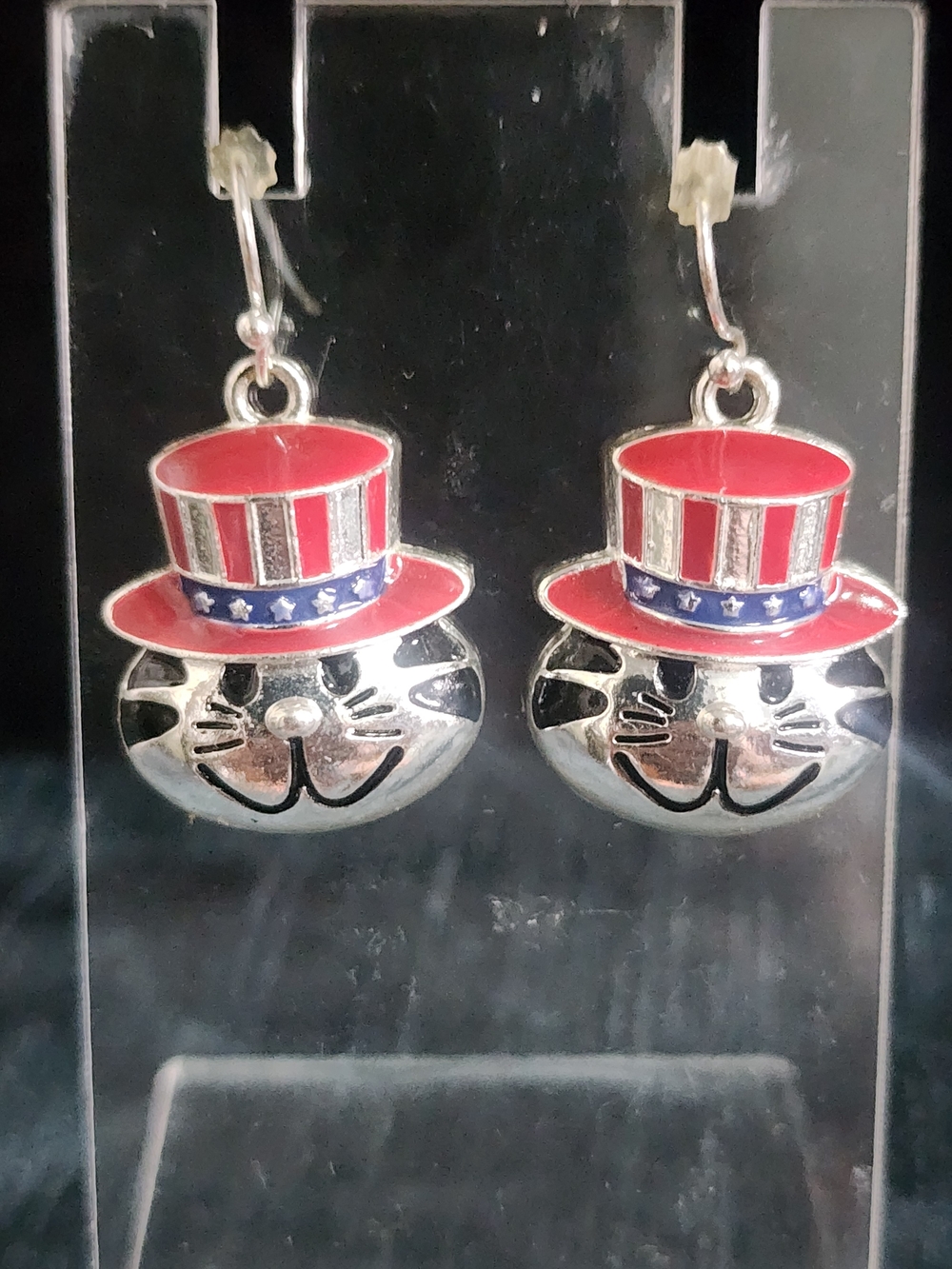 Vintage 1990 Monet 4th of July Uncle Sam Cat Dangle Earrings Patriotic Kitty